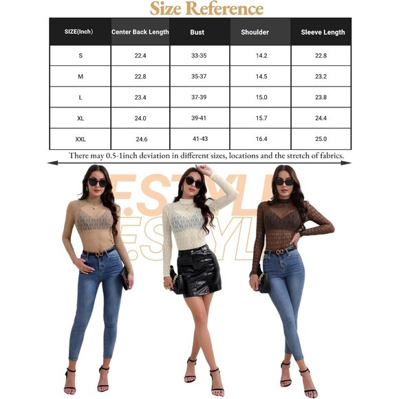 🆕 Women Cream Long Sleeve Mesh Top Lace Mock Neck See Through Fitted Sexy Out - Picture 7 of 7